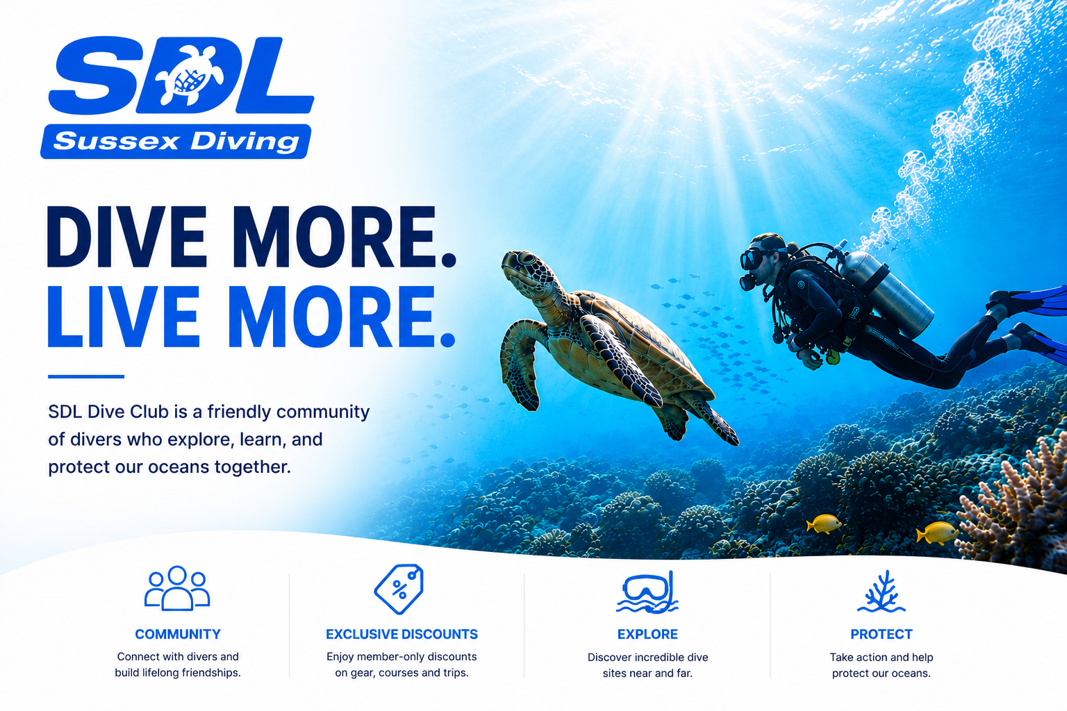 SDL Dive Club promotional banner featuring scuba diver and sea turtle underwater, highlighting exclusive diving membership benefits including half price air fills, included PADI Club Membership, free annual PADI ReActivate, discounted dive courses, priority holiday booking, and equipment rental discounts through Sussex Diving.